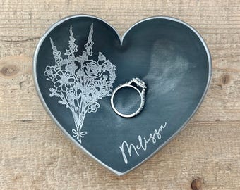 Bouquet of Flowers Engraved on 4&quot; Heart Shaped Steel / Iron Ring Dish. 6th or 11th Anniversary Gift - Valentines gift - Wanderweg Shop