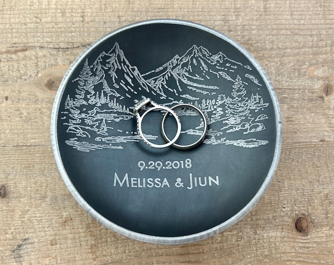 Round Steel or Iron Ring Dish with Adventure Outdoor Scenic Landscape Personalized for 6th or 11th Anniversary Gift - Wanderweg Shop