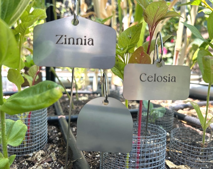 Custom Stainless Steel Hanging Plant Tags Laser Engraved or Blank, 13" Stake with Label, Weatherproof Garden Plant and Herb Marker