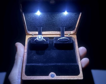 Double LED Flip-Up Wedding Ring Box / 2 Slot Wooden Engagement Ring Box with Light / Dual Ring Holder - Personalize Engrave - Wanderweg Shop