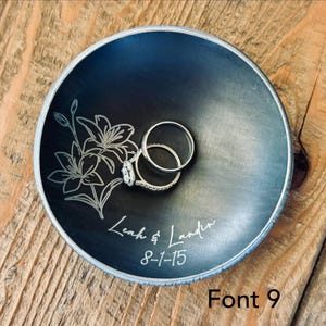 Personalized Floral Ring Dish – Steel or Iron Anniversary Gift, Engraved Birthday Gift