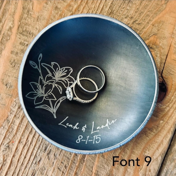 Personalized Floral Ring Dish – Steel or Iron Anniversary Gift, Engraved Birthday Gift