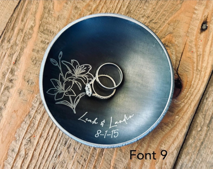 Personalized Floral Ring Dish – Steel or Iron Anniversary Gift, Engraved Birthday Gift