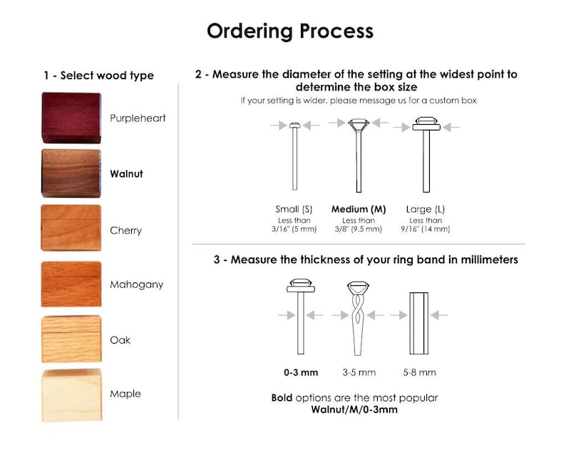 K&ouml;nnte beinhalten: Eine Bestellungsanleitung f&uuml;r individuelle Ringboxen. Sie zeigt sechs Holzarten: Purpleheart, Walnut, Cherry, Mahogany, Oak und Maple. Diagramme veranschaulichen die Messung von Ringfassungsdurchmessern von 5 bis 14 mm und Bandst&auml;rken von 0 bis 8 mm.