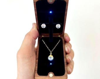 Slim Flip-Up Stud Earring and Lifted Pendant Wooden Box with LED Light - Customize Personalize Engrave - Wanderweg Shop