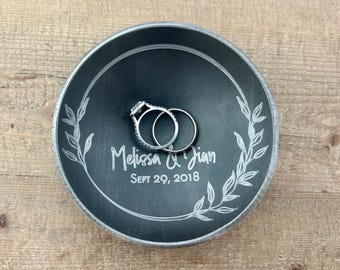 Iron or Steel Anniversary Ring Dish Personalized with Floral Wreath Engraving. 6th or 11th Anniversary Gift - 4" Round - Wanderweg Shop