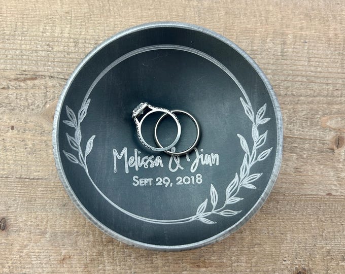 Iron or Steel Anniversary Ring Dish Personalized with Floral Wreath Engraving. 6th or 11th Anniversary Gift - 4" Round - Wanderweg Shop