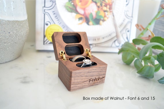 Walnut Double Ring Box – Hinged Wedding Ring Bearer, Personalized Brass Accents