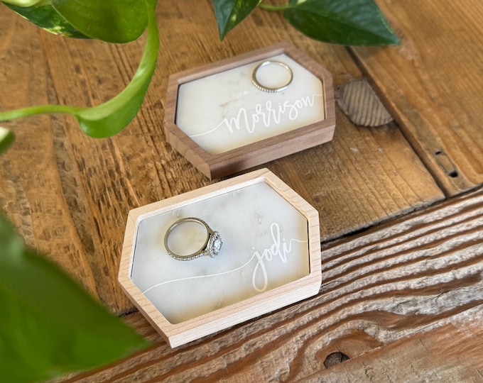 Personalized Marble Ring Dish – Hexagon Wooden Trim, Engagement Gift