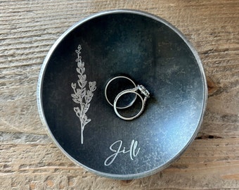 Personalized Floral Iron or Steel Ring Dish for 6th or 11th Anniversary Gift - Customize Personalize Engrave - 4" Round - Wanderweg Shop