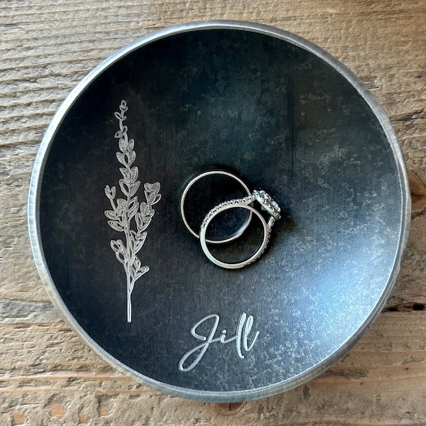 Personalized Floral Ring Dish – Steel or Iron Anniversary Gift, Engraved Birthday Gift, 4" Round