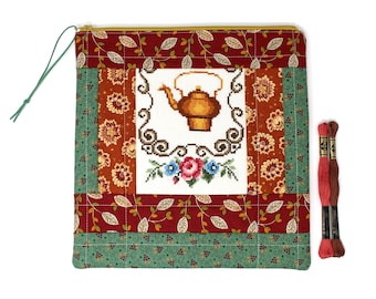 Quilted Patchwork Cross Stitch Project WIP Bag - Vintage Cross Stitch - Quiet Grace Fabric by Kim Diehl - Project Bag - 10 1/2"