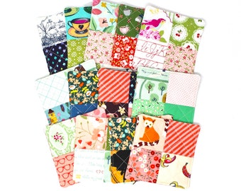 Scrappy Patchwork Quilted Fabric Coasters - Set of 13 - 4" Square - Assorted Bright Lot 2 - Stocking Stuffers, Party Favors, Retreat Gifts