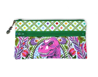 Pochette double zippée - Tula Pink Roar - tissu dinosaure - T-Rex - petite trousse à maquillage/pochette à crayons - tirette perlée - 7,5 x 4 po