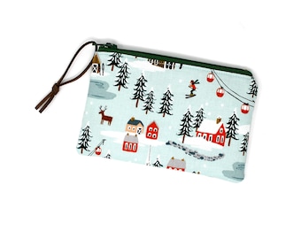 Small Zippered Pouch - Rifle Paper Co Holiday Classics - Christmas Scene - Blue - Faux Suede Zipper Pull, Coin Change Purse, 5.5" Wide