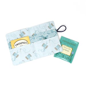 Tea Bag Wallet - Sewing Bird Fabric by Edyta Sitar - Blue Thread Spools - Tea Bag Holder - 4.5&quot; Tall - Gift for Tea Drinker - Small Gift