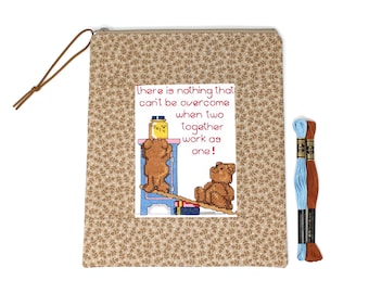 Small Cross Stitch Project Bag - Actual Cross Stitch - Two Work Together - Teddy Bears - Lori Holt Fabric - 8 3/4" Wide