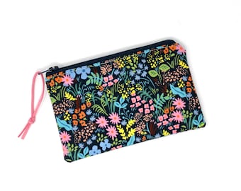 Small Zippered Pouch - Rifle Paper Co Bright Floral Print - Faux Suede Zipper Pull, Coin Change Purse, 5.5" Wide
