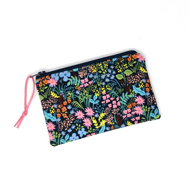 Small Zippered Pouch - Rifle Paper Co Bright Floral Print - Faux Suede Zipper Pull, Coin Change Purse, 5.5" Wide