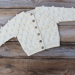 READY to SHIP size 18-24 months Off White Baby Popcorn Sweater, knitted toddler cardigan, infant clothes, Christening Baptism, Ivory sweater