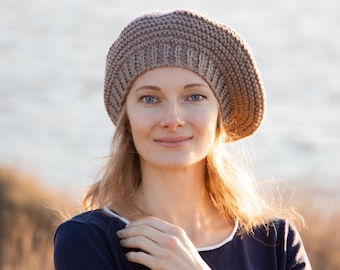 Tan Merino Beret, Hand Knit French Hat, Alpaca Beige Beret Tam, Light Brown Beret, Basque  beret, Crochet Men Beret Hand Knitted, Beanie Hat