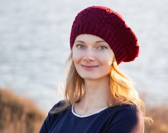 Burgundy Red French beret, Hand Knit Womens Beret, Winter Merino Beret, Dark Red Tam, Warm Beret, Wool Bulky Beret, Slouchy Knit Beanie