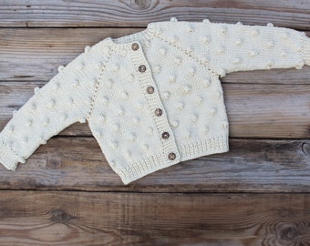 READY to SHIP size 18-24 months Off White Baby Popcorn Sweater, knitted toddler cardigan, infant clothes, Christening Baptism, Baby sweater