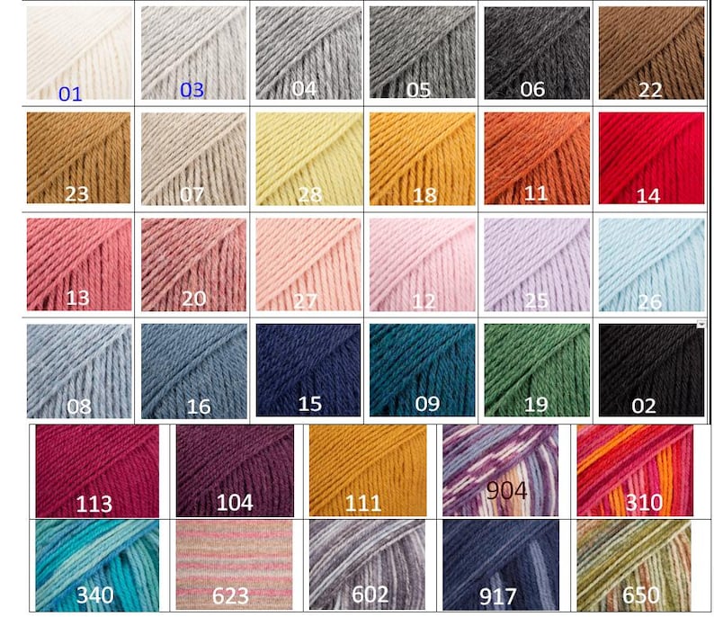 May include: A color chart of yarn samples with numbers 01 through 310, 602, 623, 650, 904, and 917. The yarn samples are arranged in rows and columns, and each sample is a different color.