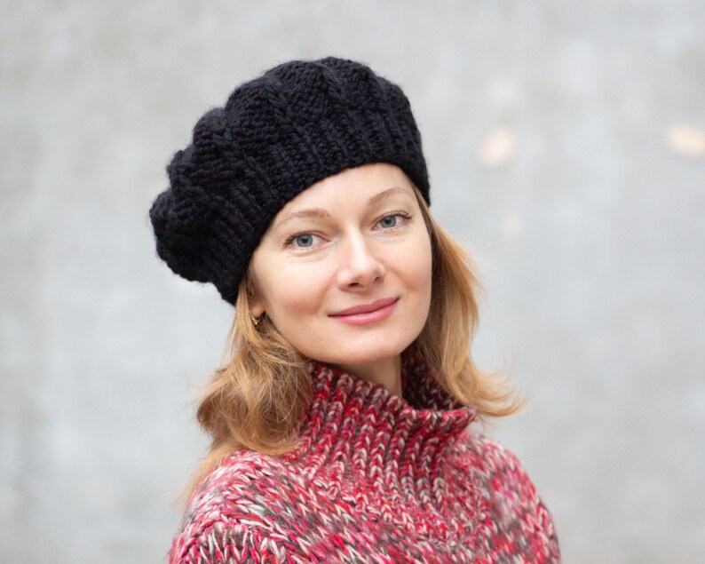 Black Knit Beret Women French Beret Hat Wool Black Beret Etsy