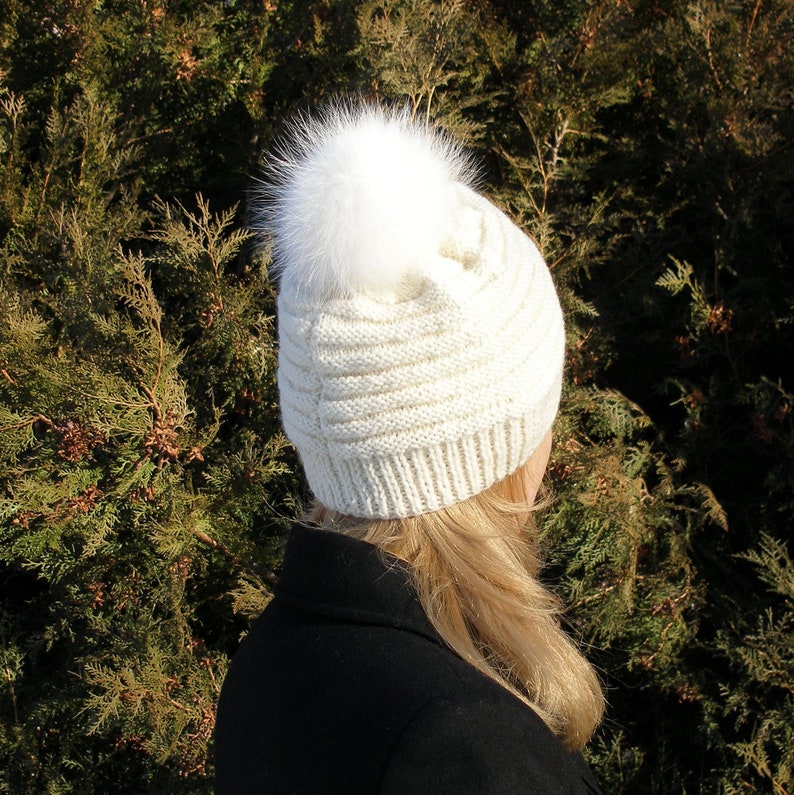 Real fur pom pom hat women white beanie knit wool hat