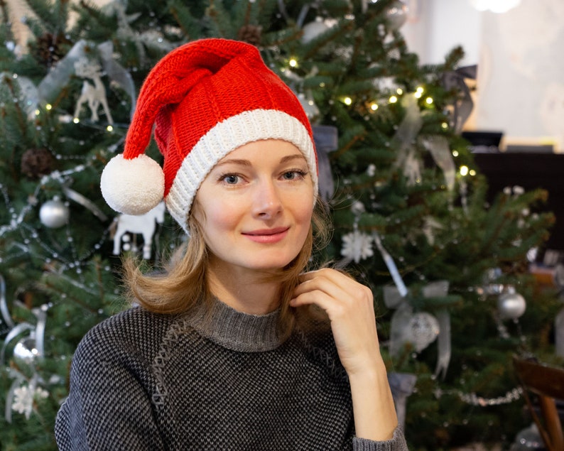 Knit santa hat women christmas beanie pom pom hat red Etsy