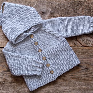 Size 9-12 months Baby hooded cardigan, light gray, knit kids sweater, childs jacket, wool jumper, hand knitted baby boy coat, girl pullover