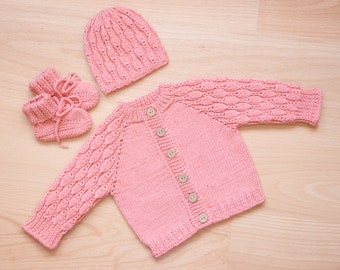 READY to SHIP Newborn Set Soft Peach Pink, Hand Knit Sweater Set, Knitted Cardigan Hat Booties, Newborn Outfit, pregnant gift, child sweater