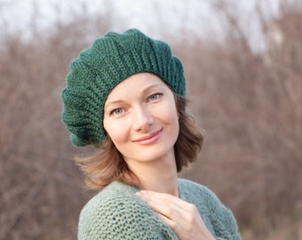Alpaca beret hat emerald green beret hand knit french beret winter women beret women crochet beret alpaca wool beret large hat forest green