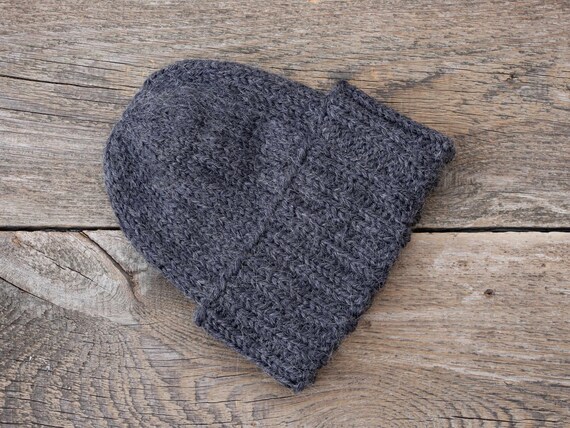Men Knit Beanie Hat - Color Charcoal Gray - Alpaca Wool - Winter