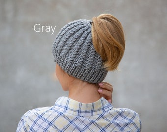 Knit ponytail beanie hat wool messy bun beanie gray pony tail hat winter hat with hole women ponytail hat knit chunky beanie warm beanie hat