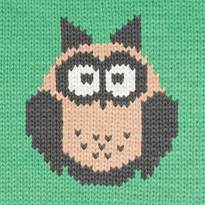 Puede incluir: Una tela verde de punto con un diseño de búho gris y melocotón. El búho tiene grandes ojos negros y un pequeño pico.
