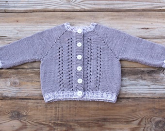 READY to SHIP size 12-18 months Gray hand knit baby raglan sweater, knitted toddler cardigan, warm baby sweater, pure wool sweater girl  boy