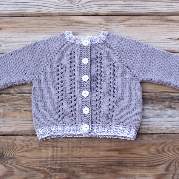 READY to SHIP size 12-18 months Gray hand knit baby raglan sweater, knitted toddler cardigan, warm baby sweater, pure wool sweater girl  boy