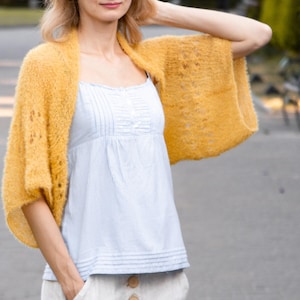 Yellow knit shrug fluffy summer cardigan short sleeve bolero kimono sweater crop loose lace crochet faux fur shrug lightweight wrap wedding