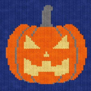 May include: A knitted orange pumpkin with a scary face. The pumpkin has a grey stem and is set against a blue background.