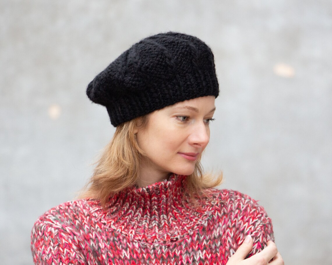 Black Knit Beret Women French Beret Hat Wool Black Beret Etsy