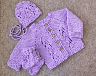 READY to SHIP size 0-3 months Acrylic Soft Lavender Newborn Set, Knit Baby Set, Hand Knit Sweater, Sweater Hat Booties, Newborn Outfit