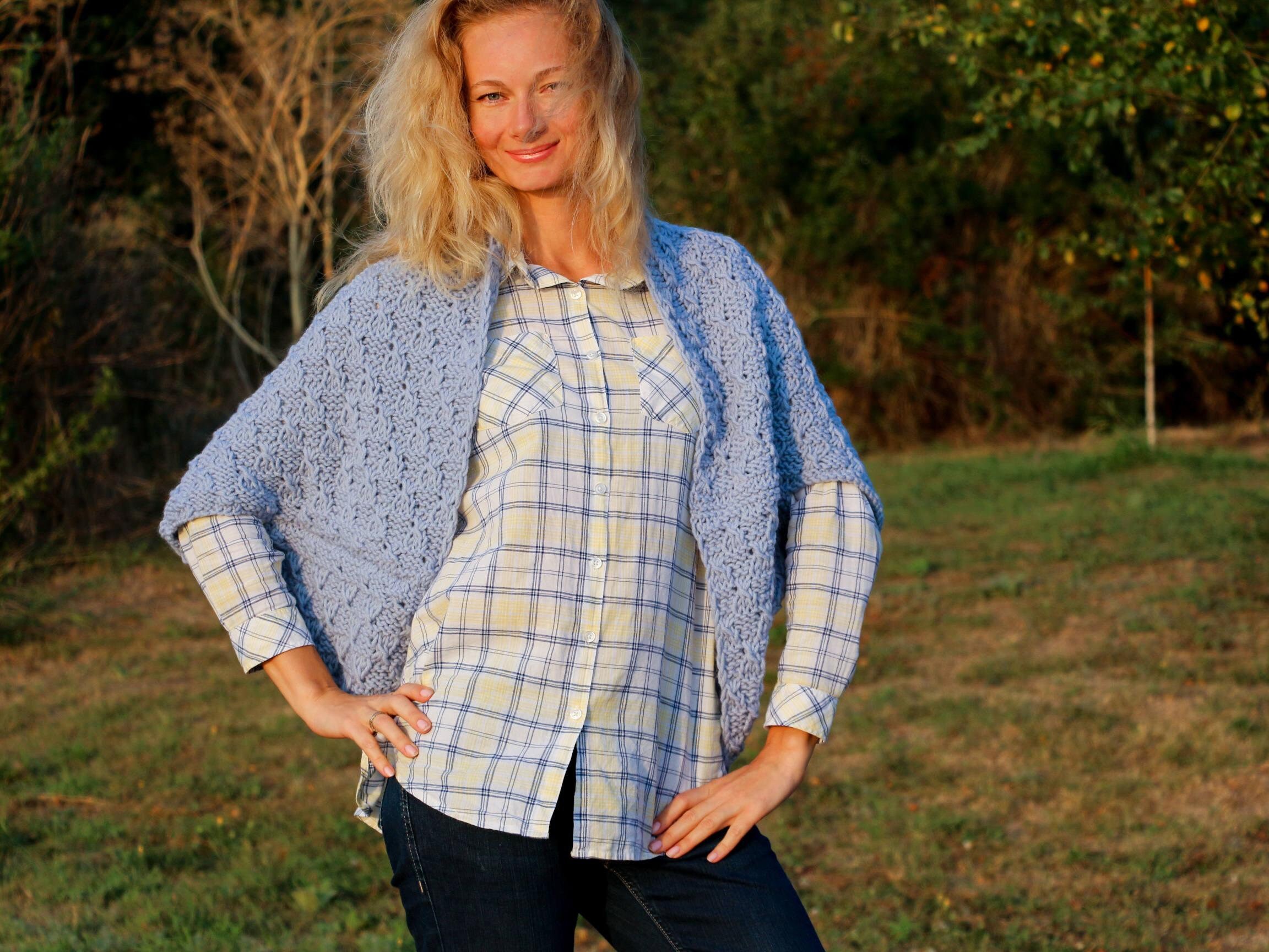 Hellblaue Strickjacke Winter Strickjacke Shrug Frauen offene Pullover  Wollstrickpullover Handgestrickte lange Jacke Pastell Blau