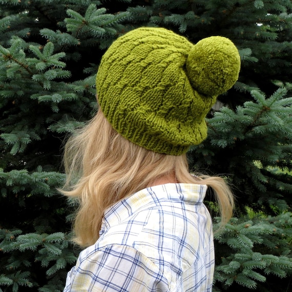 Large Pom Pom Hat Giant Pom Olive Green Hat Green Wool Beanie Etsy