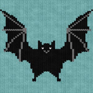 May include: A black bat with gray wings is depicted on a light blue knitted background. The bat has a simple, pixelated design.