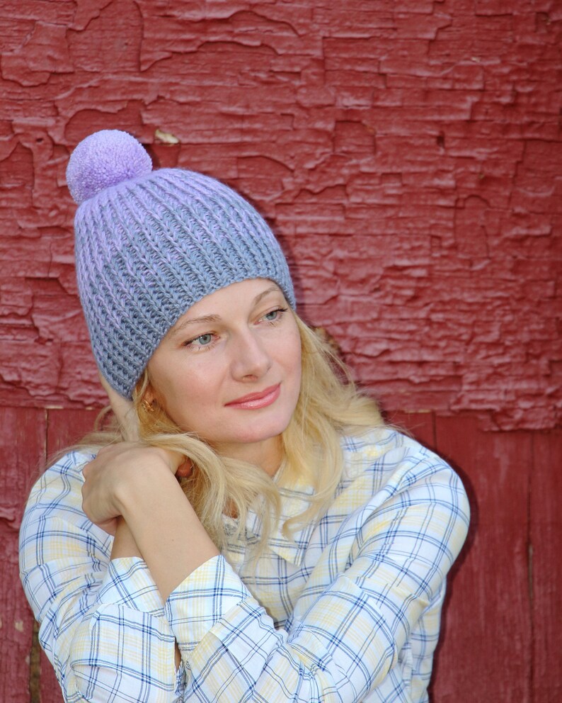 Knit Purple Hat Knit Pompom Hat Winter Lilac Hat Lavender Etsy