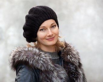 Black alpaca beret hand knit french beret women winter wool hat handknit tam knit beret handmade crochet slouchy large head beret outlander