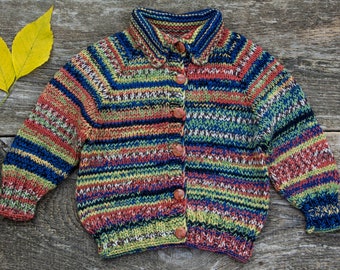 READY TO SHIP size 12-18 months Multicolor kids cardigan hand knit baby sweater wool baby boy girl sweater raglan winter cardigan boho gift