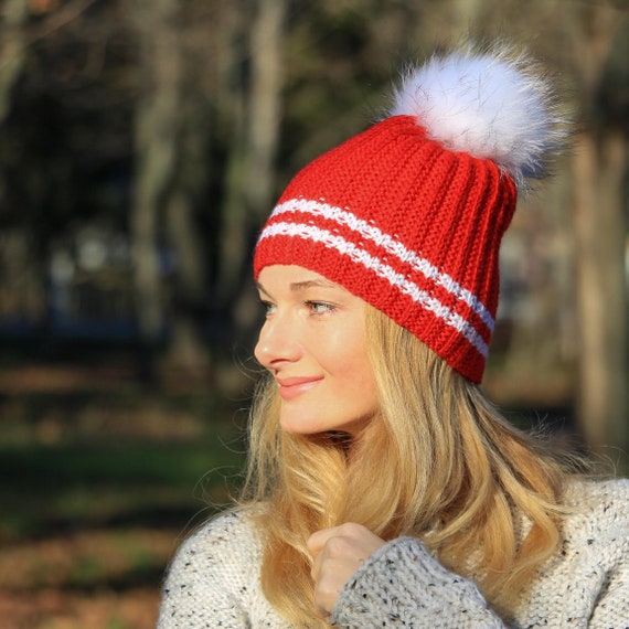 Christmas Fur Pom Pom Hat Women Knit Hat Raccoon Pompom Beanie Etsy